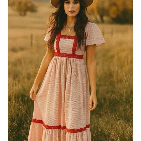 vintage 70s HIPPIE BOHO MAXI DRESS polka dot flutter sleeve lace red white XS S - Picture 1 of 10